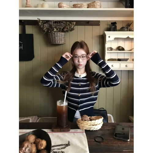 韓系撞色條紋開衫毛衣外套女秋冬小香風短款慵嬾溫柔風針織衫上衣
