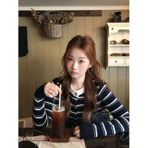 韓系撞色條紋開衫毛衣外套女秋冬小香風短款慵嬾溫柔風針織衫上衣