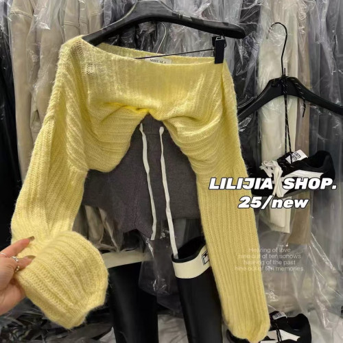 韓國東大門2025秋季韓版簡約慵懶風斜肩針織衫毛衣女百搭長袖上衣 韓國東大門2025秋季韓版簡約慵懶風斜肩針織衫毛衣女百搭長袖上衣