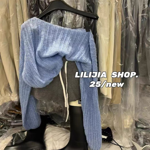 韓國東大門2025秋季韓版簡約慵懶風斜肩針織衫毛衣女百搭長袖上衣 韓國東大門2025秋季韓版簡約慵懶風斜肩針織衫毛衣女百搭長袖上衣