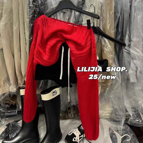 韓國東大門2025秋季韓版簡約慵懶風斜肩針織衫毛衣女百搭長袖上衣 韓國東大門2025秋季韓版簡約慵懶風斜肩針織衫毛衣女百搭長袖上衣