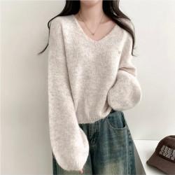 毛衣女韓國chic春秋百搭休閒簡約慵懶風寬松v領毛茸茸針織衫上衣