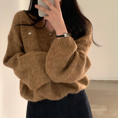 毛衣女韓國chic春秋百搭休閒簡約慵懶風寬松v領毛茸茸針織衫上衣 毛衣女韓國chic春秋百搭休閒簡約慵懶風寬松v領毛茸茸針織衫上衣
