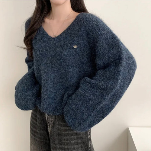 毛衣女韓國chic春秋百搭休閒簡約慵懶風寬松v領毛茸茸針織衫上衣 毛衣女韓國chic春秋百搭休閒簡約慵懶風寬松v領毛茸茸針織衫上衣