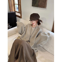 設計感圓領條紋長袖套頭衛衣女2025秋冬新款百搭寬松顯瘦休閒上衣