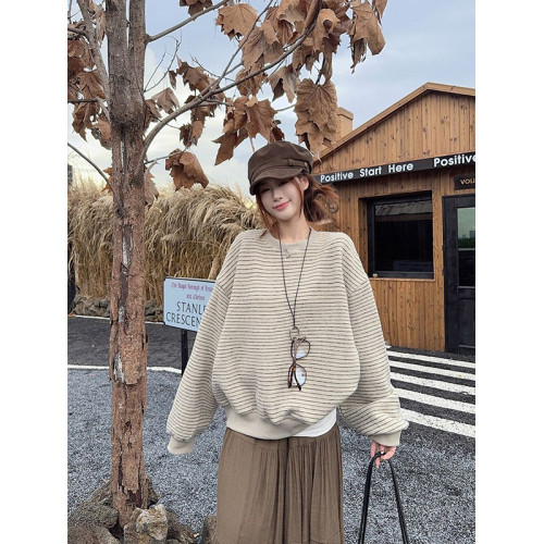 設計感圓領條紋長袖套頭衛衣女2025秋冬新款百搭寬松顯瘦休閒上衣 設計感圓領條紋長袖套頭衛衣女2025秋冬新款百搭寬松顯瘦休閒上衣