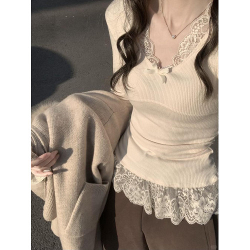 純欲風蝴蝶結設計感長袖t恤女春秋bm風蕾絲花邊修身內搭保暖上衣