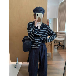 高級感條紋v領Polo針織衫女秋季老錢風翻領毛衣內搭2025秋冬上衣