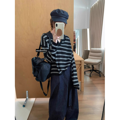 高級感條紋v領Polo針織衫女秋季老錢風翻領毛衣內搭2025秋冬上衣 高級感條紋v領Polo針織衫女秋季老錢風翻領毛衣內搭2025秋冬上衣