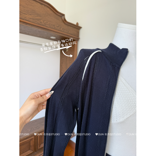 玖月伍 | 早秋設計感小衆針織拉鍊上衣女修身減齡長袖外套