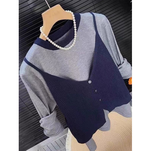 假兩件拼接針織衫女2025早秋季新款顯瘦長袖韓系穿搭顯瘦毛衣上衣