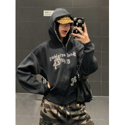 USKM美式復古豹紋十字架連帽衛衣女寬松休閒短款開衫外套帽衫上衣