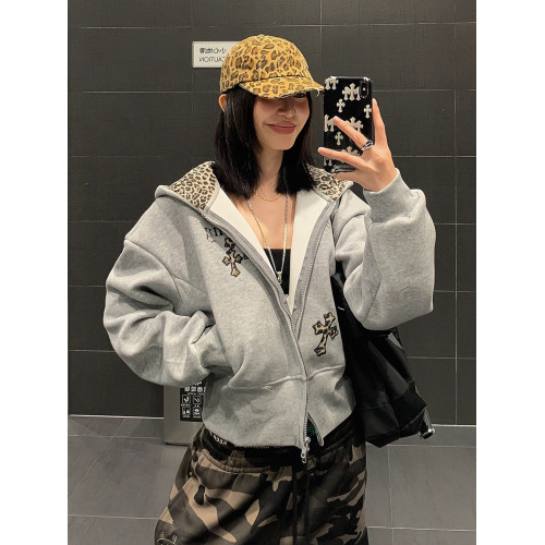 USKM美式復古豹紋十字架連帽衛衣女寬松休閒短款開衫外套帽衫上衣 USKM美式復古豹紋十字架連帽衛衣女寬松休閒短款開衫外套帽衫上衣