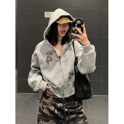 USKM美式復古豹紋十字架連帽衛衣女寬松休閒短款開衫外套帽衫上衣 USKM美式復古豹紋十字架連帽衛衣女寬松休閒短款開衫外套帽衫上衣