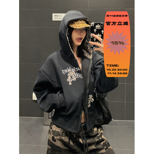 USKM美式復古豹紋十字架連帽衛衣女寬松休閒短款開衫外套帽衫上衣 USKM美式復古豹紋十字架連帽衛衣女寬松休閒短款開衫外套帽衫上衣