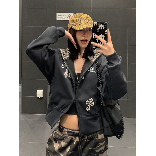 USKM美式復古豹紋十字架連帽衛衣女寬松休閒短款開衫外套帽衫上衣 USKM美式復古豹紋十字架連帽衛衣女寬松休閒短款開衫外套帽衫上衣