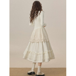 三寸藕【左岸甜心】法式溫柔風蕾絲拼接白色毛衣女秋冬內搭打底衫