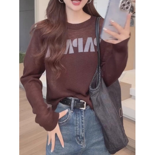 黑色字母印花長袖針織衫女大碼胖mm寬松百搭慵懶風顯瘦設計感上衣