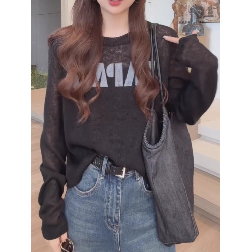 黑色字母印花長袖針織衫女大碼胖mm寬松百搭慵懶風顯瘦設計感上衣