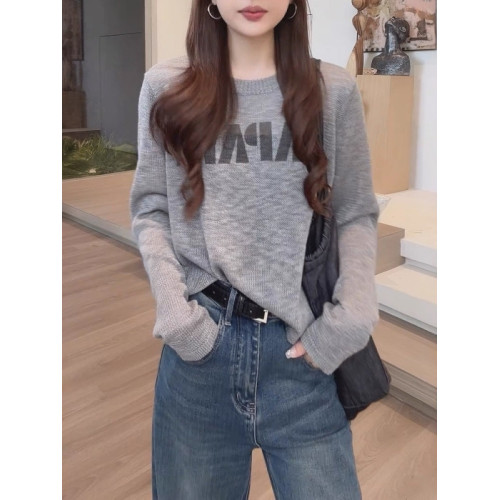 黑色字母印花長袖針織衫女大碼胖mm寬松百搭慵懶風顯瘦設計感上衣