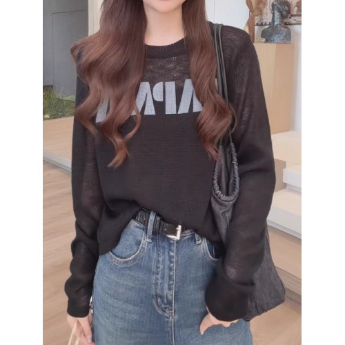 黑色字母印花長袖針織衫女大碼胖mm寬松百搭慵懶風顯瘦設計感上衣