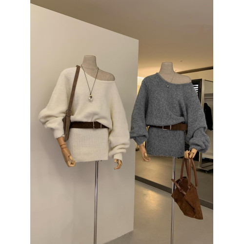 早秋新款針織蝙蝠長袖斜肩收腰包臀裙辣妹修身毛衣連衣裙配腰帶