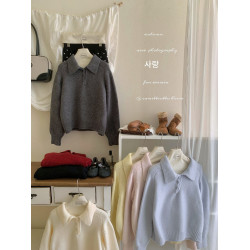 溫柔奶油系顯白polo翻領文藝復古套頭毛衣女秋冬軟糯外穿減齡上衣