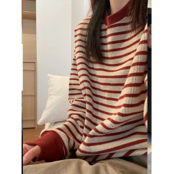 韓系慵懶紅色條紋圓領衛衣女秋季2025新款寬松顯瘦學院風休閒上衣