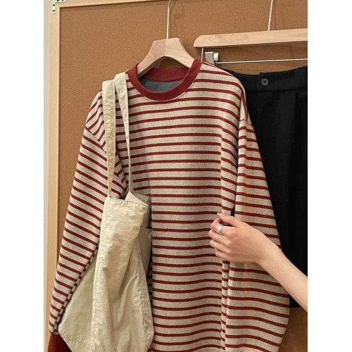 韓系慵懶紅色條紋圓領衛衣女秋季2025新款寬松顯瘦學院風休閒上衣