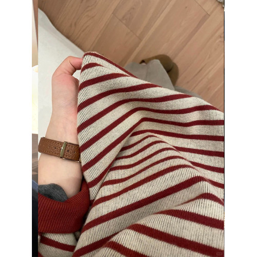 韓系慵懶紅色條紋圓領衛衣女秋季2025新款寬松顯瘦學院風休閒上衣