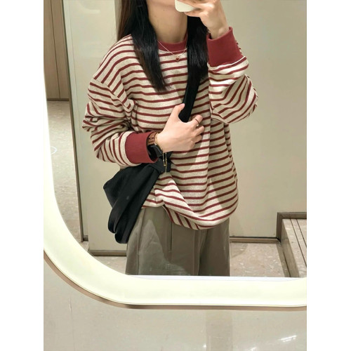 韓系慵懶紅色條紋圓領衛衣女秋季2025新款寬松顯瘦學院風休閒上衣