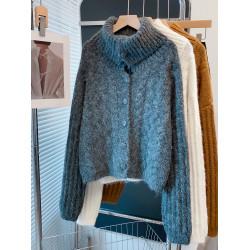 高領毛衣外套女2025秋冬新款寬松慵懶風翻領外穿上衣厚針織開衫潮