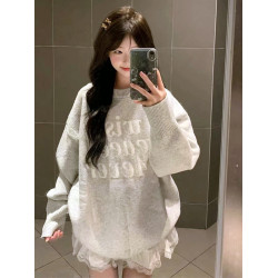美式復古軟糯灰色字母毛衣女秋冬季寬松慵懶風oversize針織衫上衣