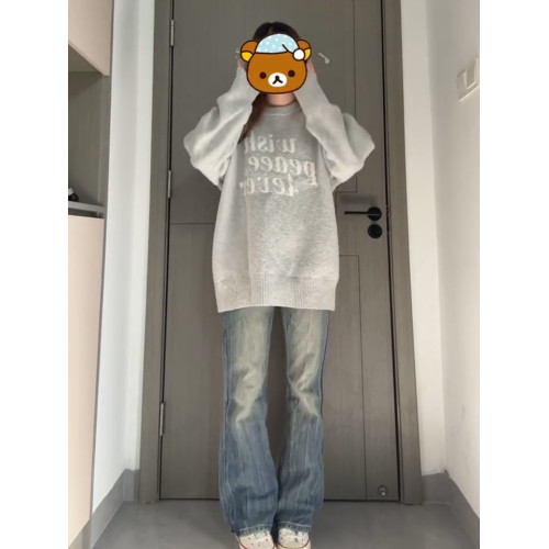 美式復古軟糯灰色字母毛衣女秋冬季寬松慵懶風oversize針織衫上衣