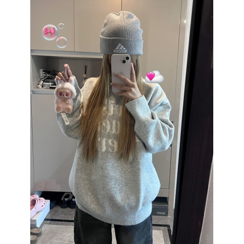 美式復古軟糯灰色字母毛衣女秋冬季寬松慵懶風oversize針織衫上衣