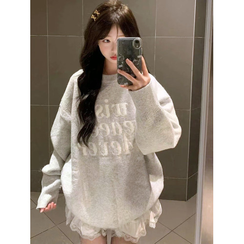 美式復古軟糯灰色字母毛衣女秋冬季寬松慵懶風oversize針織衫上衣