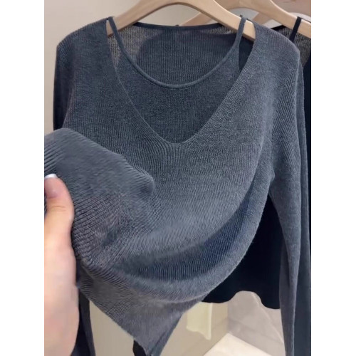 歐貨2025秋季新款顯瘦百搭假兩件純色簡約風六羊毛針織衫上衣女潮