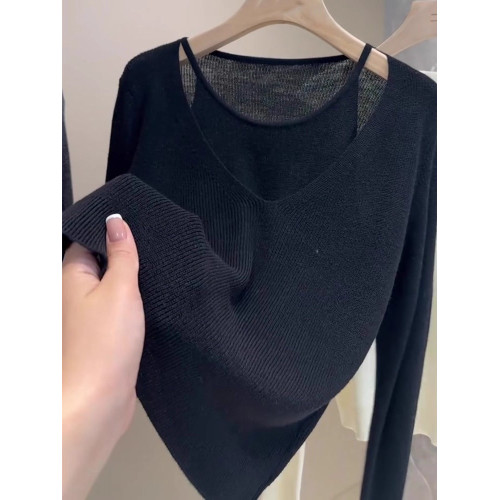 歐貨2025秋季新款顯瘦百搭假兩件純色簡約風六羊毛針織衫上衣女潮