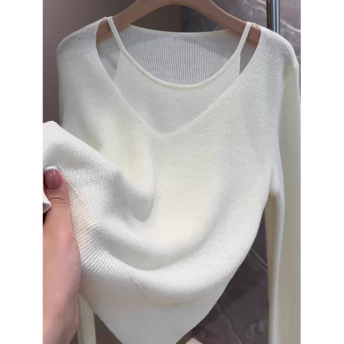 歐貨2025秋季新款顯瘦百搭假兩件純色簡約風六羊毛針織衫上衣女潮