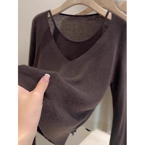 歐貨2025秋季新款顯瘦百搭假兩件純色簡約風六羊毛針織衫上衣女潮