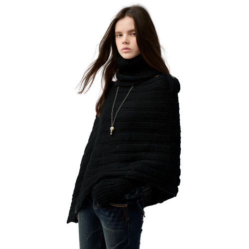 4muggle“剛柔物語”黑色棒針針織鬭篷不規則純欲毛衣露肩上衣女 4muggle“剛柔物語”黑色棒針針織鬭篷不規則純欲毛衣露肩上衣女