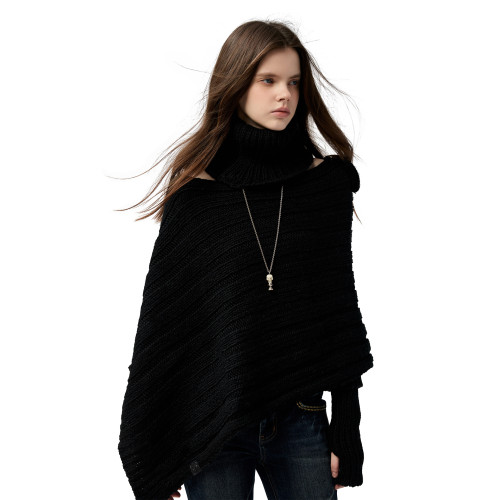 4muggle“剛柔物語”黑色棒針針織鬭篷不規則純欲毛衣露肩上衣女 4muggle“剛柔物語”黑色棒針針織鬭篷不規則純欲毛衣露肩上衣女