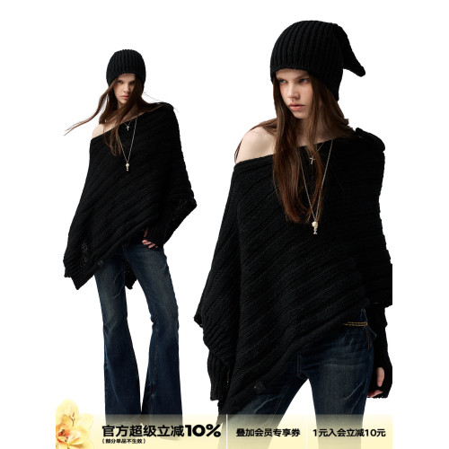 4muggle“剛柔物語”黑色棒針針織鬭篷不規則純欲毛衣露肩上衣女 4muggle“剛柔物語”黑色棒針針織鬭篷不規則純欲毛衣露肩上衣女