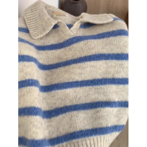 秋冬新款時尚設計感翻領條紋針織衫毛衣厚寬松大碼外穿毛衣