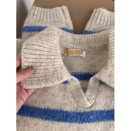 秋冬新款時尚設計感翻領條紋針織衫毛衣厚寬松大碼外穿毛衣