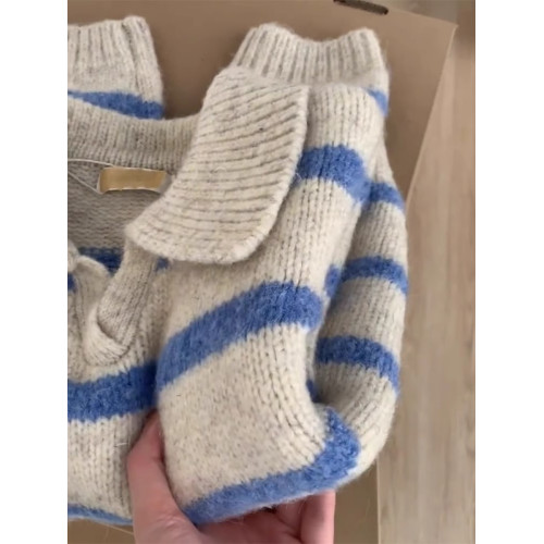 秋冬新款時尚設計感翻領條紋針織衫毛衣厚寬松大碼外穿毛衣