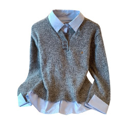 品牌折釦設計感假兩件毛衣女2025秋冬季高級感襯衫曡穿針織衫上衣