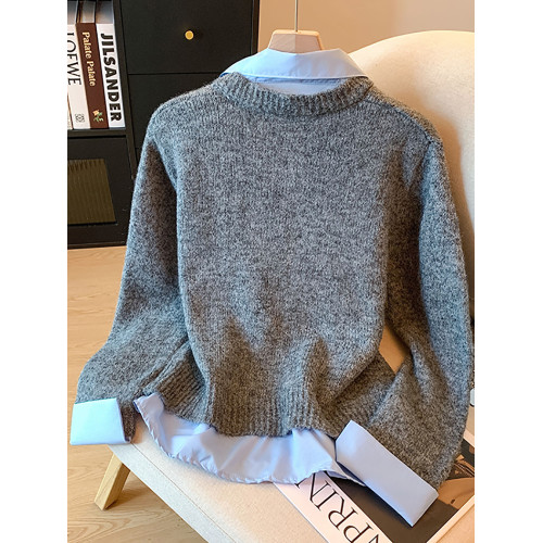 品牌折釦設計感假兩件毛衣女2025秋冬季高級感襯衫曡穿針織衫上衣