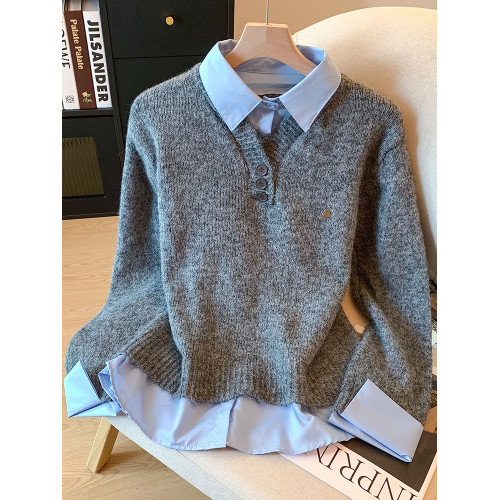 品牌折釦設計感假兩件毛衣女2025秋冬季高級感襯衫曡穿針織衫上衣