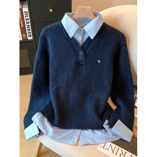 品牌折釦設計感假兩件毛衣女2025秋冬季高級感襯衫曡穿針織衫上衣